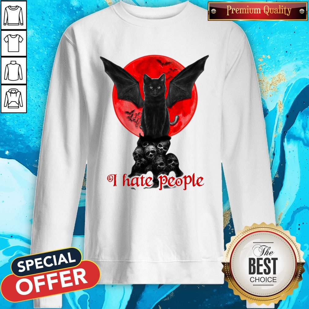 Top Skull Black Cat I Hate People Shirt - Image 4