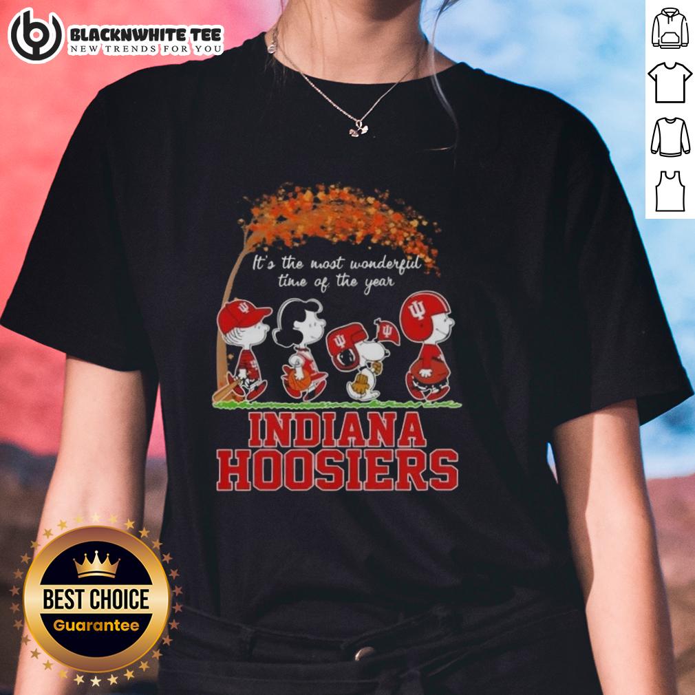 Awesome Indiana Hoosiers X Peanuts Snoopy And Friends Autumn It's The Most Wonderful Time Of The Year T-Shirt - Image 3