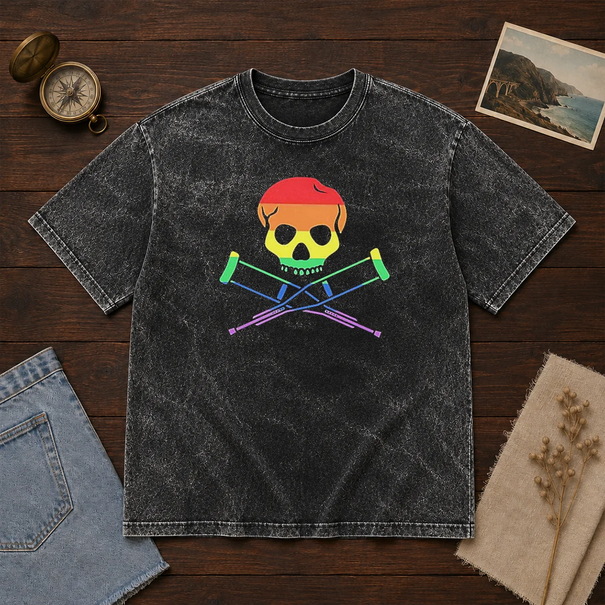 Original Rainbow Skull And Crutches Pride Symbol Disability Awareness Shirt - Image 8