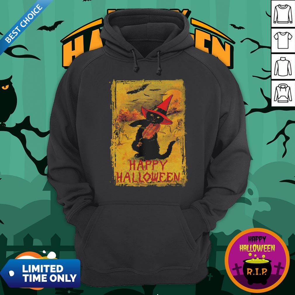 Happy Halloween Black Cat Playing Fiddle Premium Perfect Shirt - Image 3
