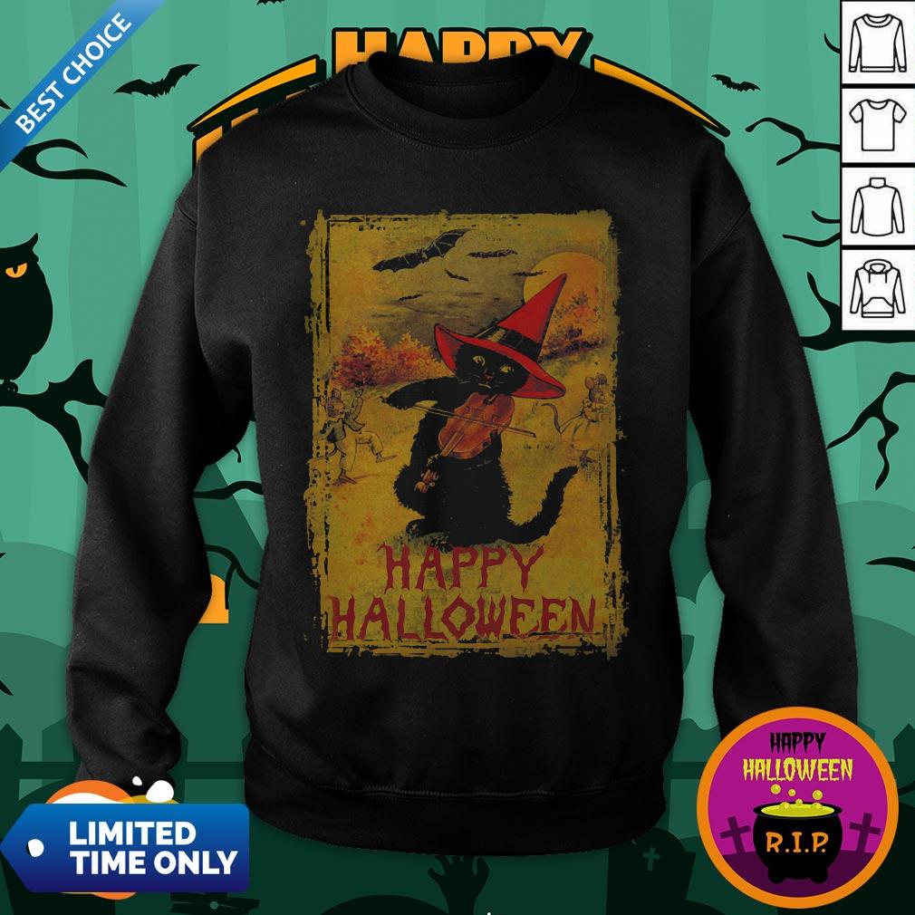 Happy Halloween Black Cat Playing Fiddle Premium Perfect Shirt - Image 2