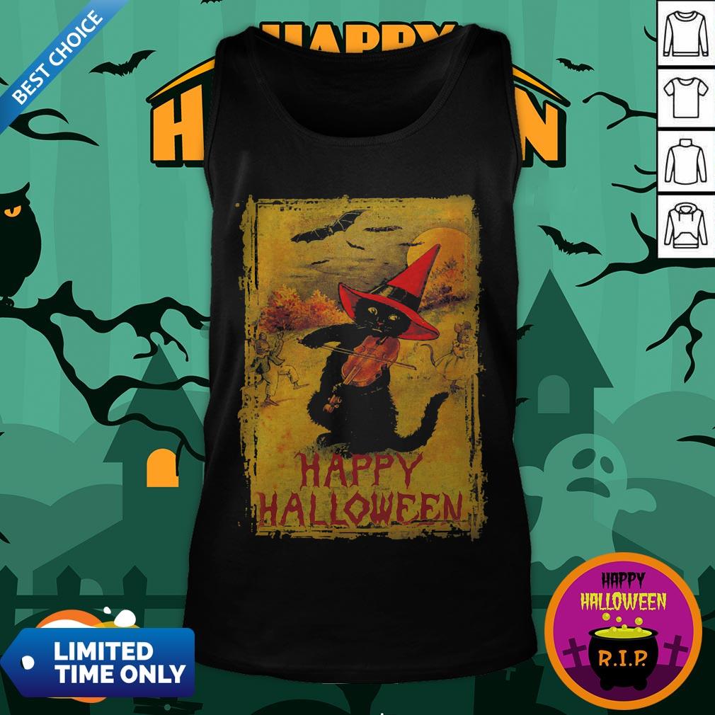 Happy Halloween Black Cat Playing Fiddle Premium Perfect Shirt - Image 4