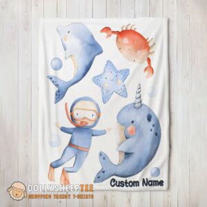 Hot Cute Official Sea's Treasures Narwhal Dolphin Crab Starfish Scuba Divers Blanket Fleece Customized Blanket