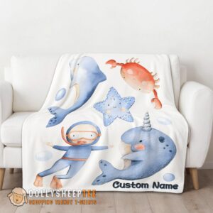 Alternative view of Hot Cute Official Sea's Treasures Narwhal Dolphin Crab Starfish Scuba Divers Blanket Fleece Customized Blanket