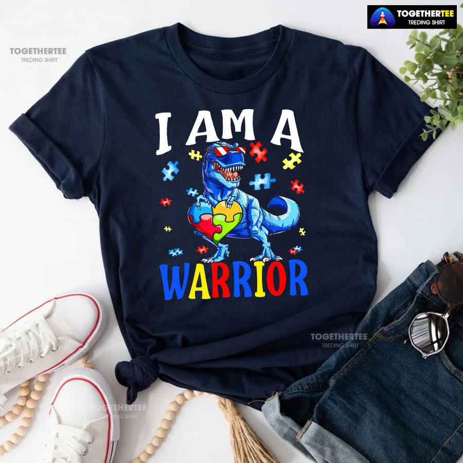 I Am A Warrior Dinosaur Autism Awareness T-Shirt - Image 4