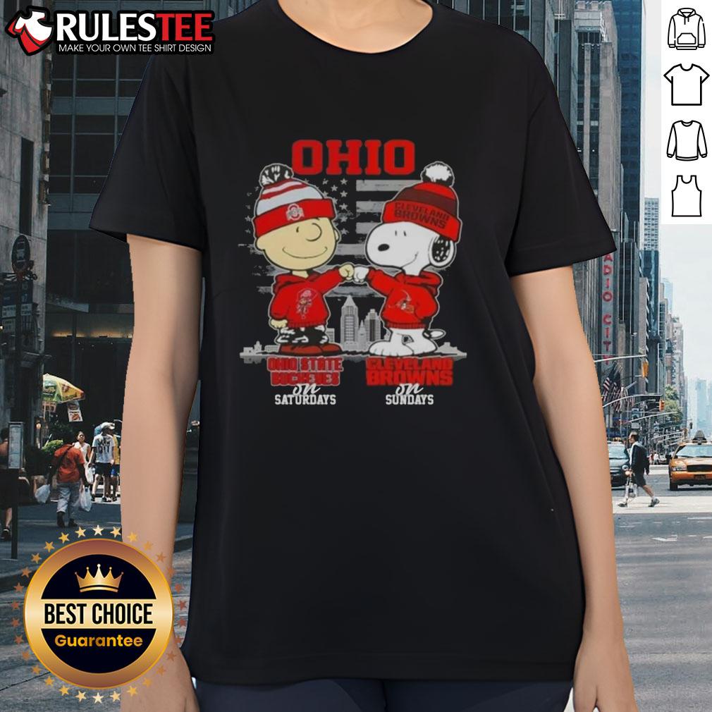 Happy Charlie Brown Ohio State Buckeyes on Saturdays x Snoopy Cleveland Browns on Sundays Skyline T-Shirt - Image 3