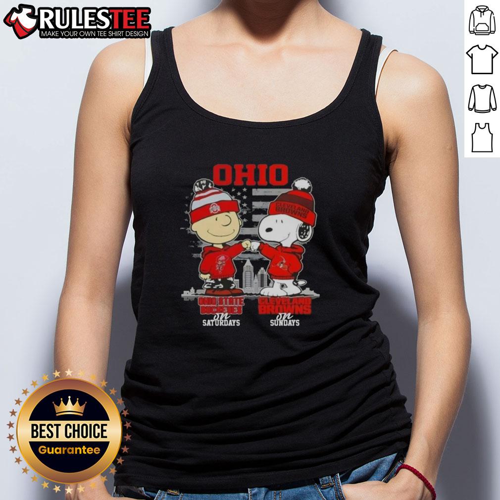 Happy Charlie Brown Ohio State Buckeyes on Saturdays x Snoopy Cleveland Browns on Sundays Skyline T-Shirt - Image 4