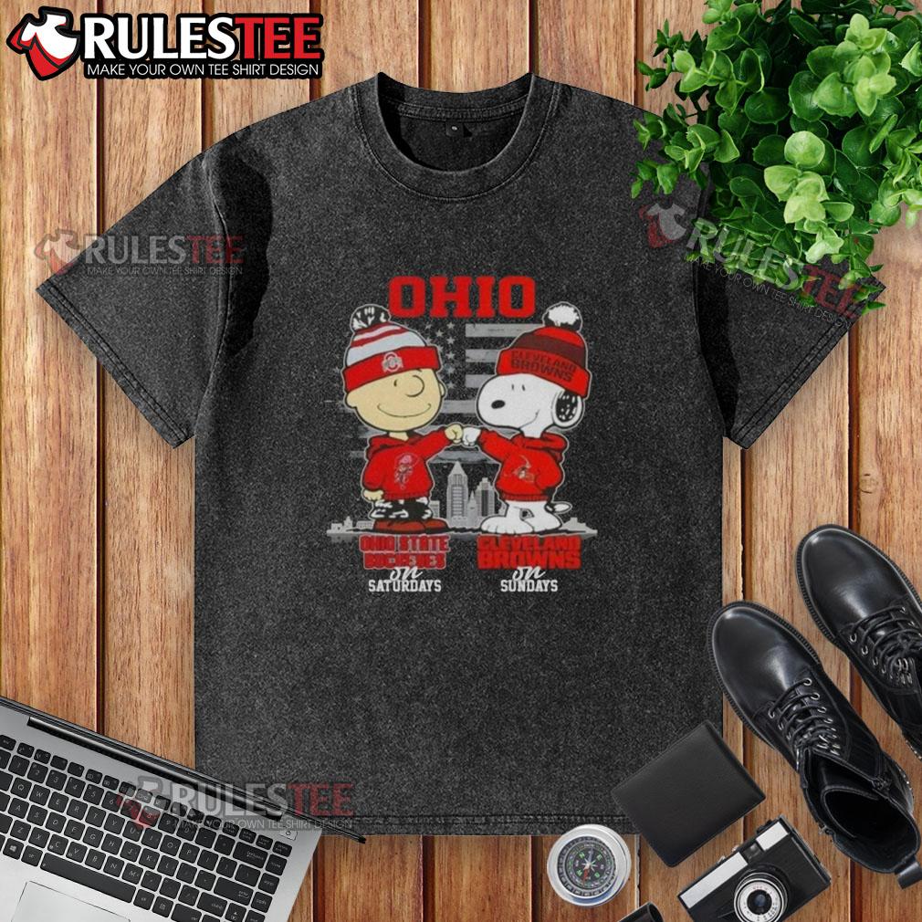 Happy Charlie Brown Ohio State Buckeyes on Saturdays x Snoopy Cleveland Browns on Sundays Skyline T-Shirt - Image 6