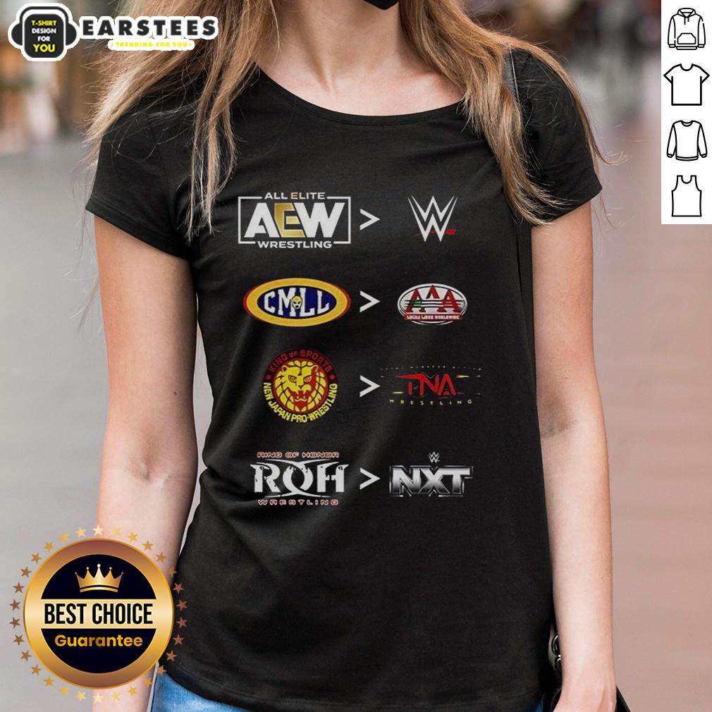 Official More Comparative AEW WWE CMLL AAA NJPW TNA ROH and NXT 2025 T-Shirt - Image 3