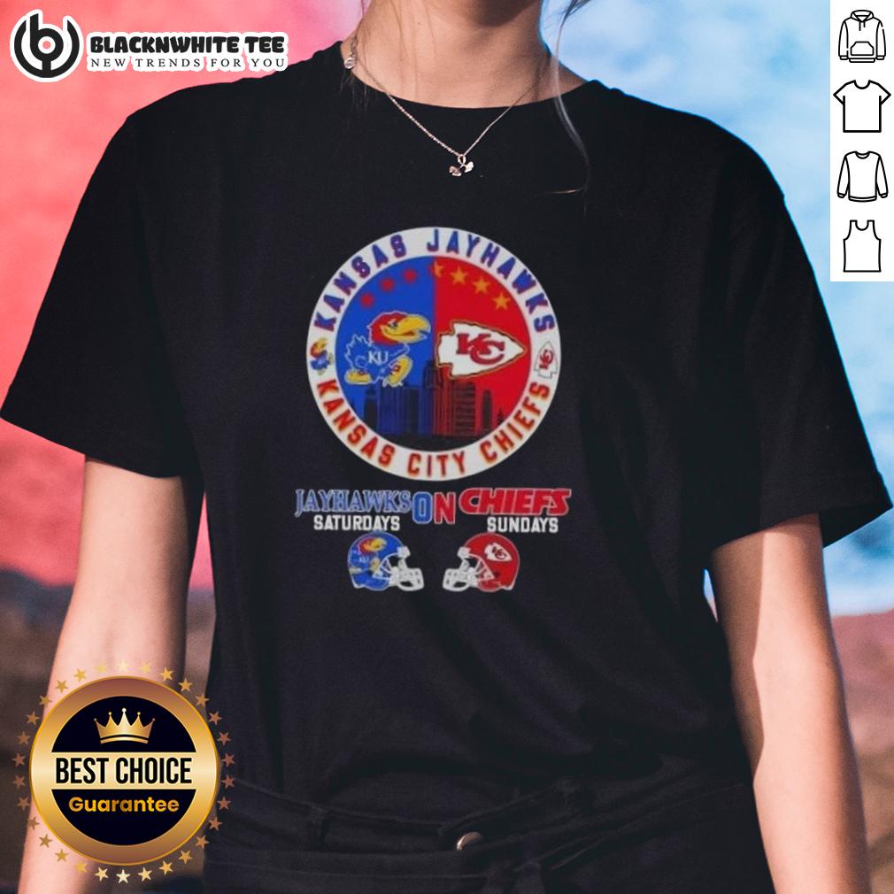Good Kansas Sports Jayhawks Saturdays On Chiefs Sundays Helmets Football T-Shirt - Image 3