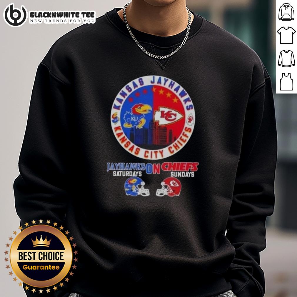 Good Kansas Sports Jayhawks Saturdays On Chiefs Sundays Helmets Football T-Shirt - Image 5