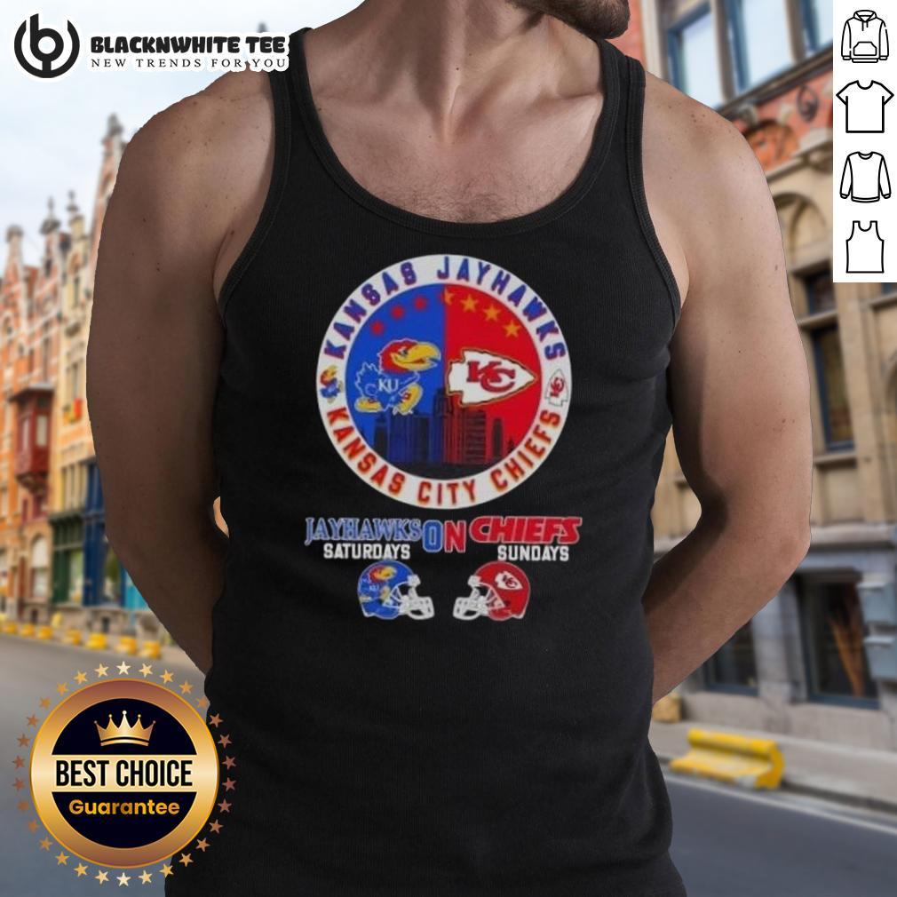 Good Kansas Sports Jayhawks Saturdays On Chiefs Sundays Helmets Football T-Shirt - Image 4