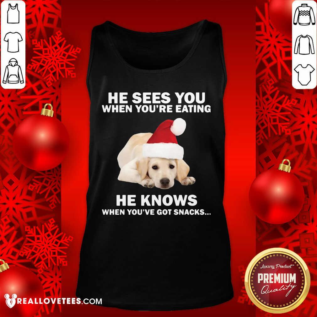 Cute Labrador He Sees You When You're Eating He Knows When You've Got Snacks Christmas Shirt - Image 2