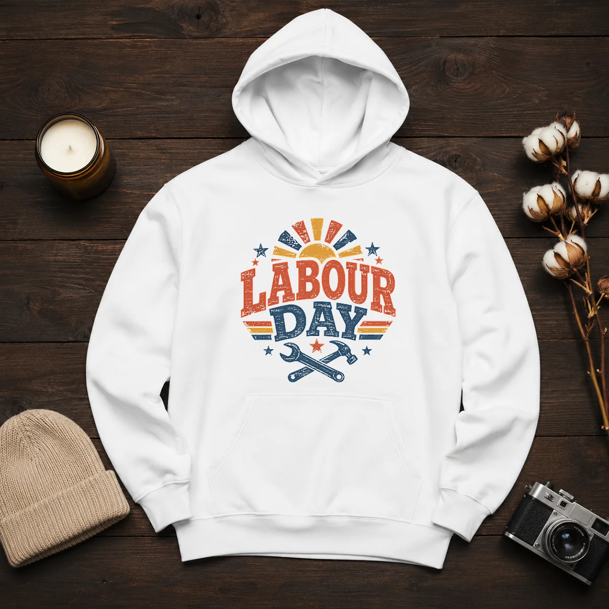 Official Vintage Retro Labour Day Sunburst Tools Shirt - Image 6