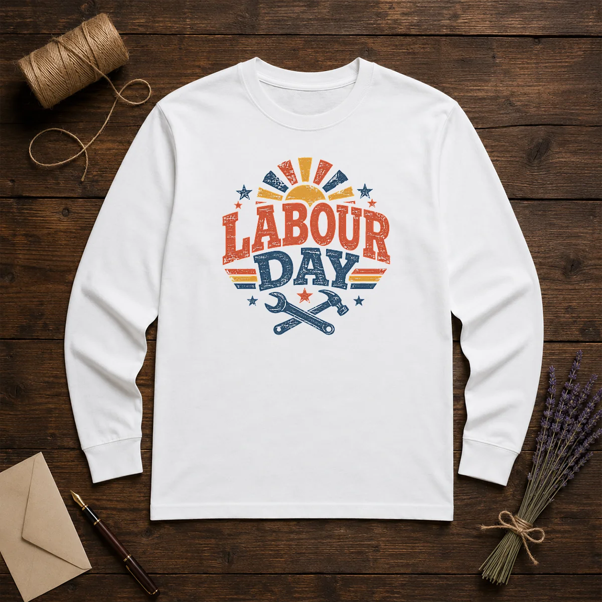 Official Vintage Retro Labour Day Sunburst Tools Shirt - Image 5