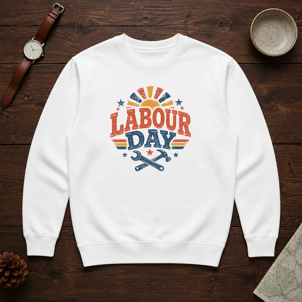 Official Vintage Retro Labour Day Sunburst Tools Shirt - Image 7