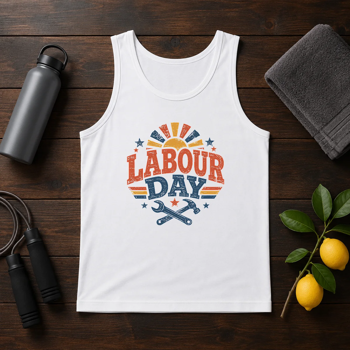 Official Vintage Retro Labour Day Sunburst Tools Shirt - Image 3
