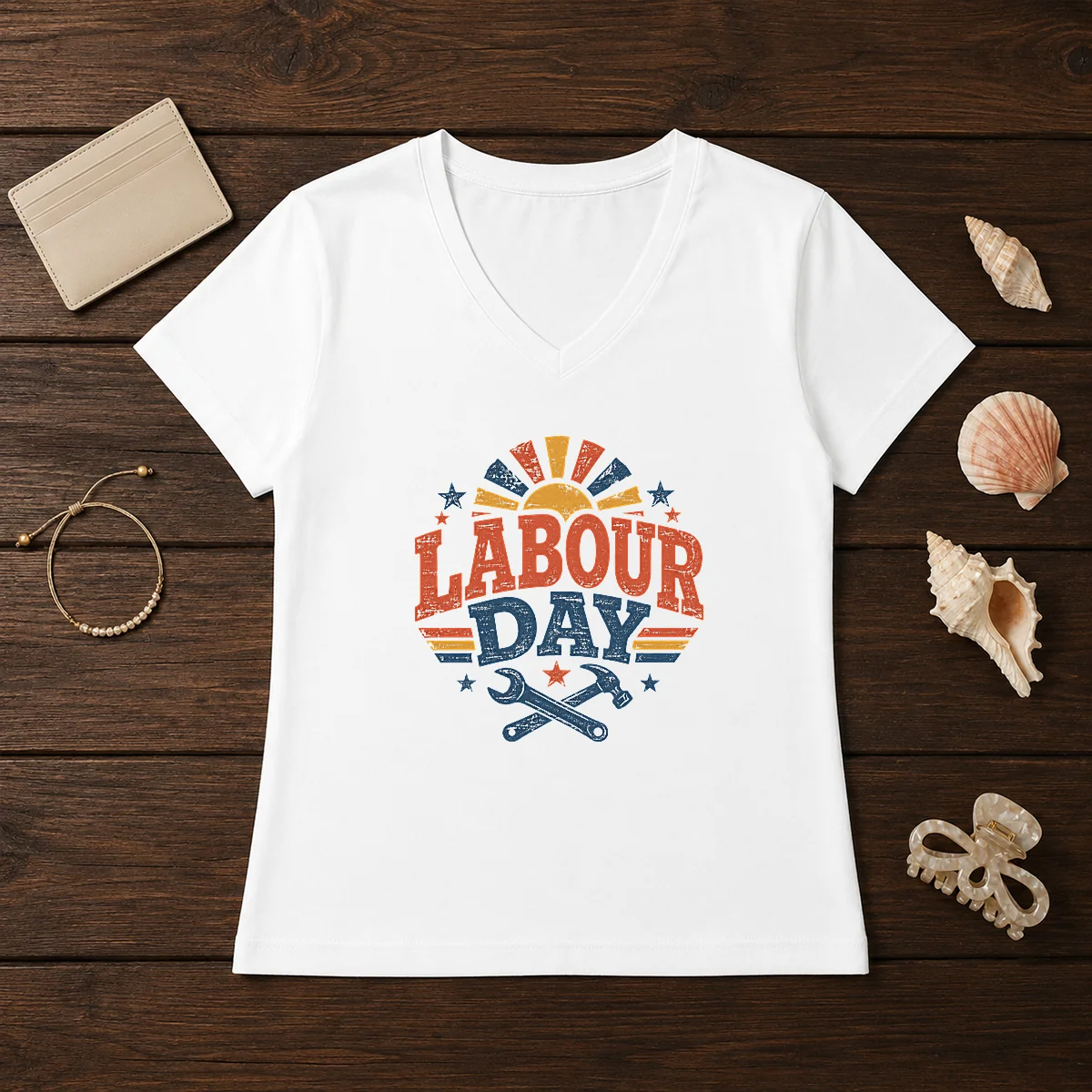 Official Vintage Retro Labour Day Sunburst Tools Shirt - Image 2