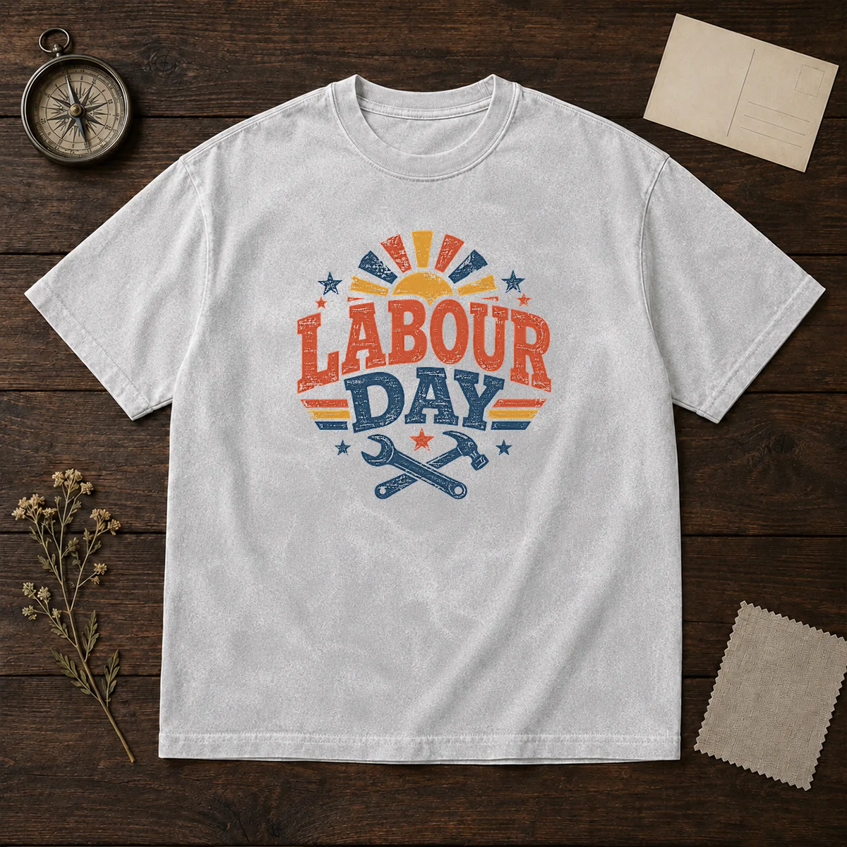 Official Vintage Retro Labour Day Sunburst Tools Shirt - Image 8