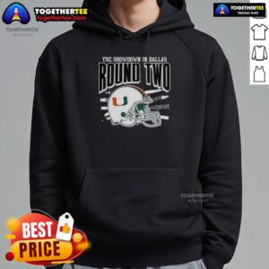 Alternative view of Official Miami Hurricanes NCAA CFP The Showdown In Dallas Round Two Helmet T-Shirt
