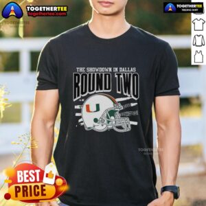Official Miami Hurricanes NCAA CFP The Showdown In Dallas Round Two Helmet T-Shirt