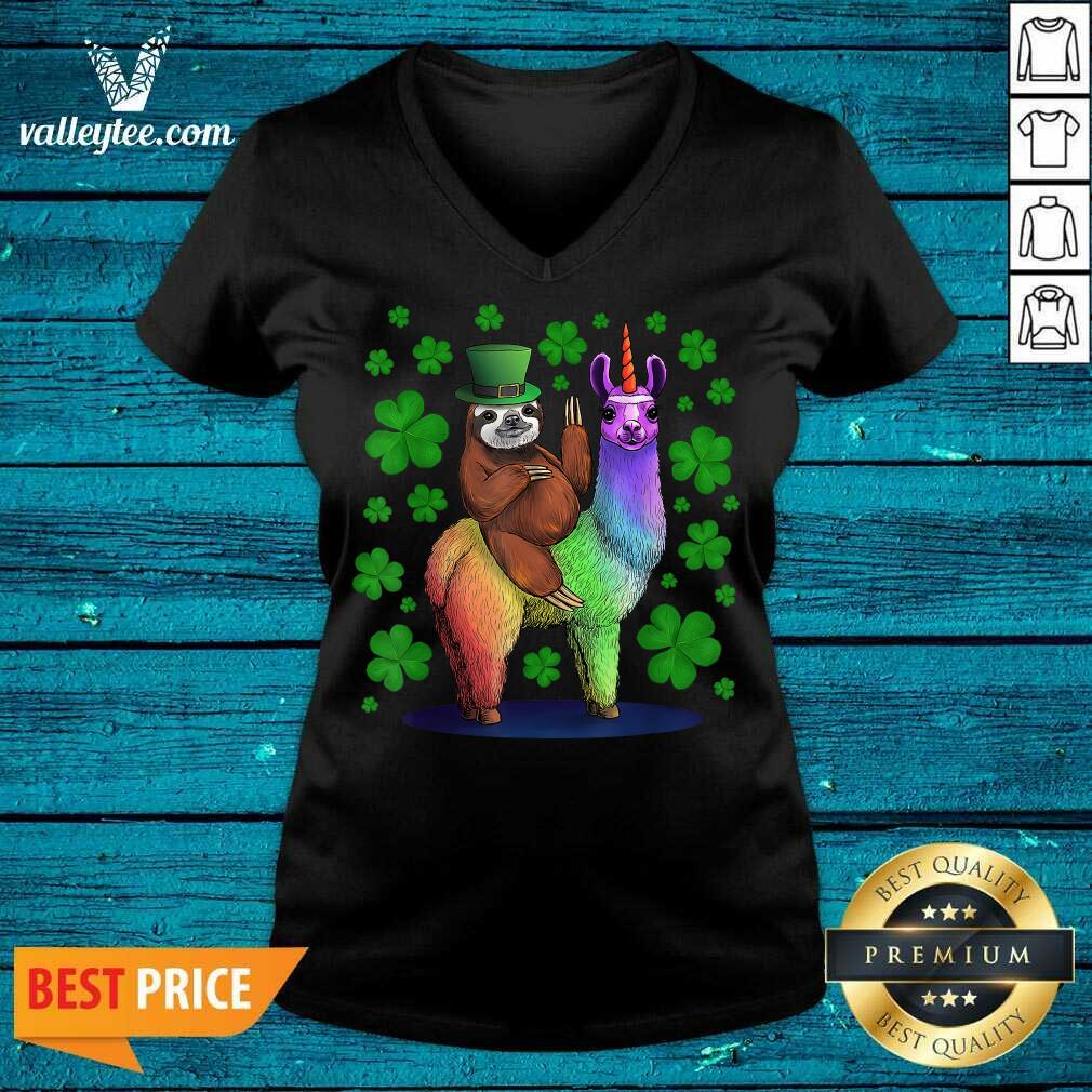 Top Leprechaun Sloth Riding Llama Unicorn St Patricks Day Shirt - Image 3