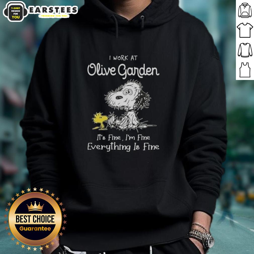 Funny Tired Snoopy And Woodstock I Work At Olive Garden It's Fine I'm Fine Everything Is Fine T-Shirt - Image 2