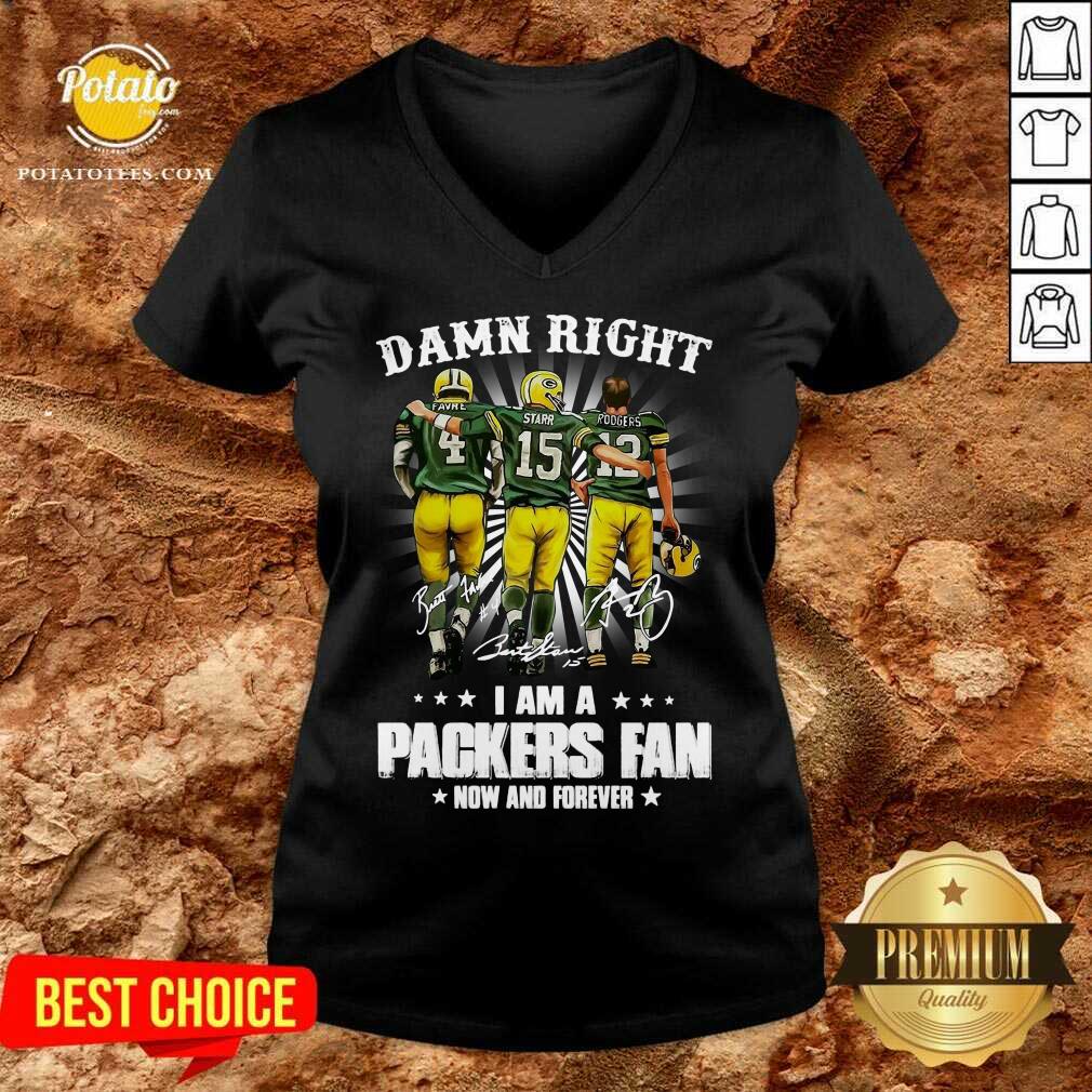 Premium Favre Starr Rodgers Damn Right I Am A Green Bay Packers Fan Now Forever Signatures Shirt - Image 2