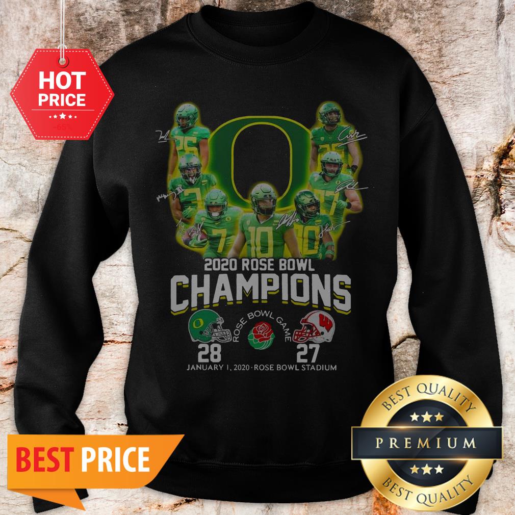 Oregon Ducks 2020 Rose Bowl Champions Signatures 28 27 Shirt - Image 4
