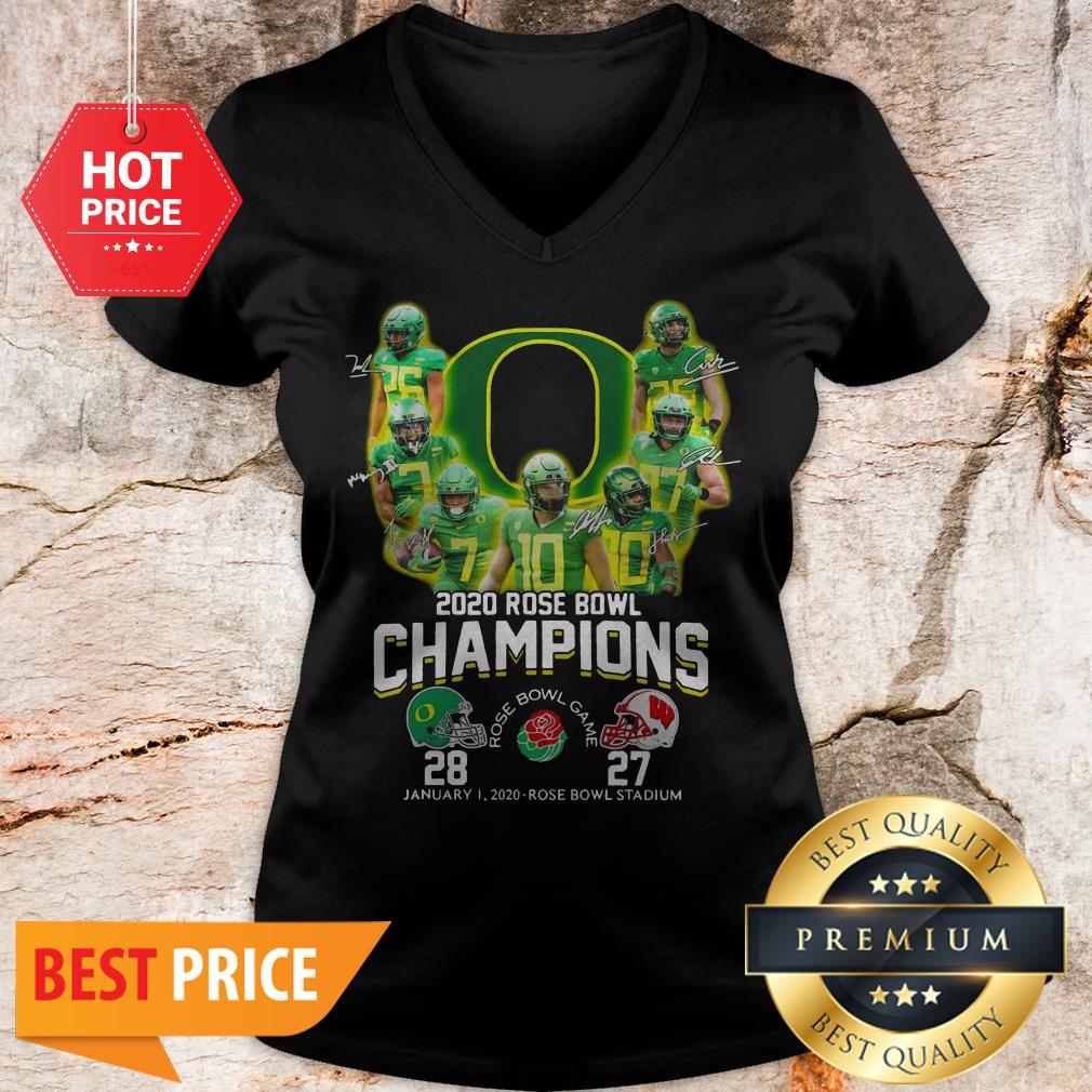 Oregon Ducks 2020 Rose Bowl Champions Signatures 28 27 Shirt - Image 2