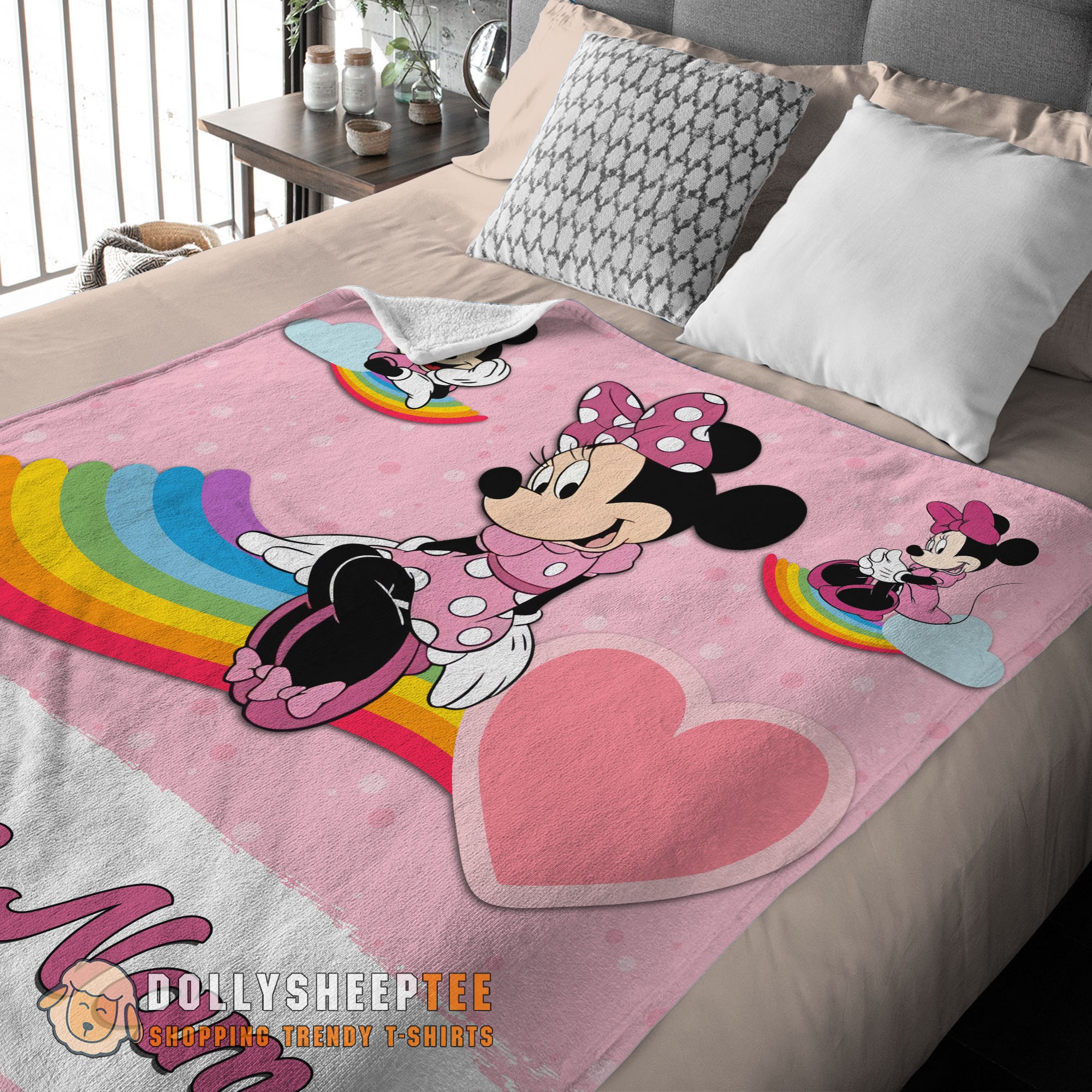 Premium Cute Official Disney Cartoon Minnie With Rainbow Blanket Fleece Customized Blanket - Image 3