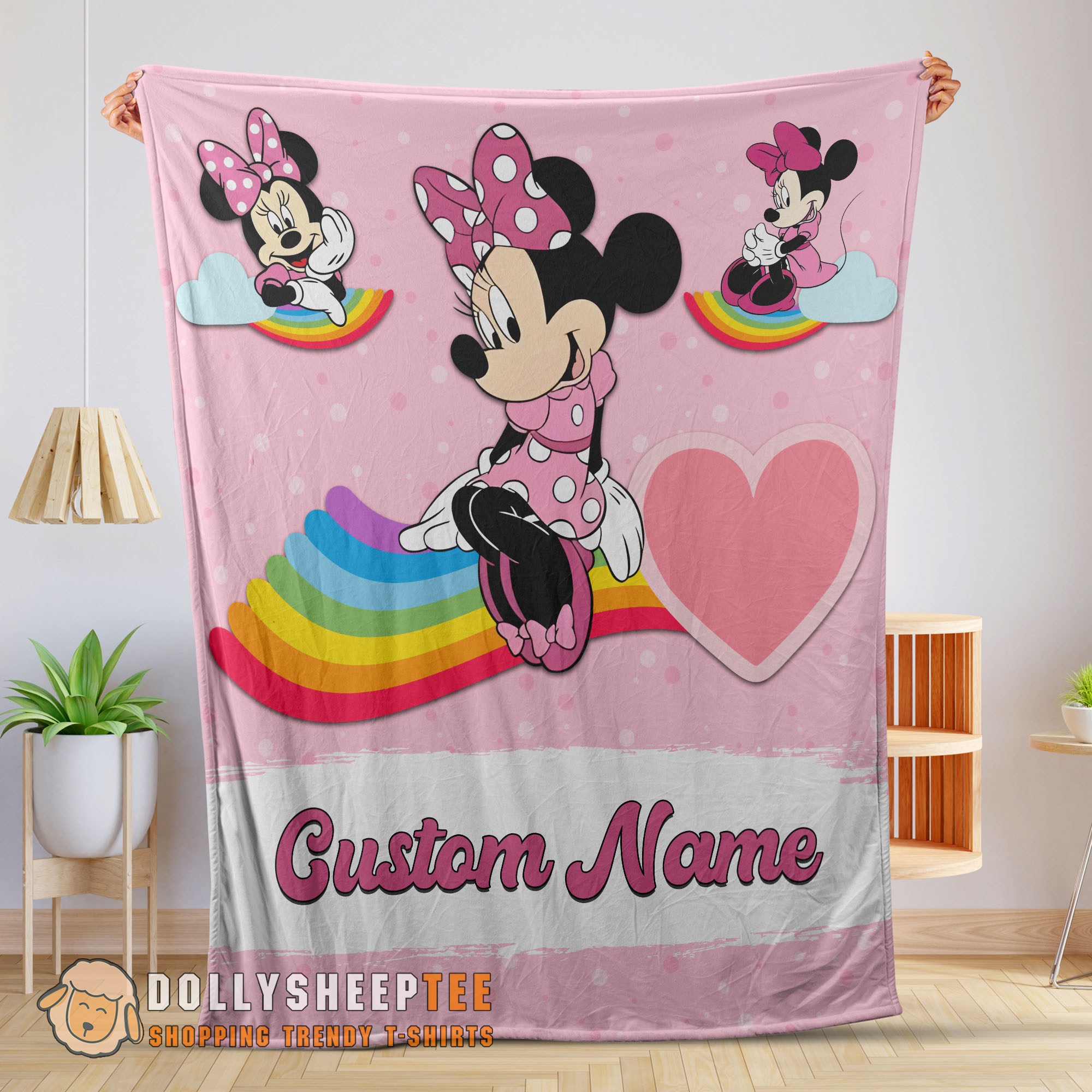 Premium Cute Official Disney Cartoon Minnie With Rainbow Blanket Fleece Customized Blanket