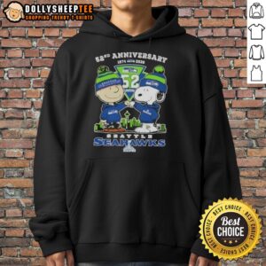 Alternative view of Hot Charlie Brown And Snoopy Super Bowl 52nd Anniversary 1974 2026 Seattle Seahawks Football Skyline T-Shirt