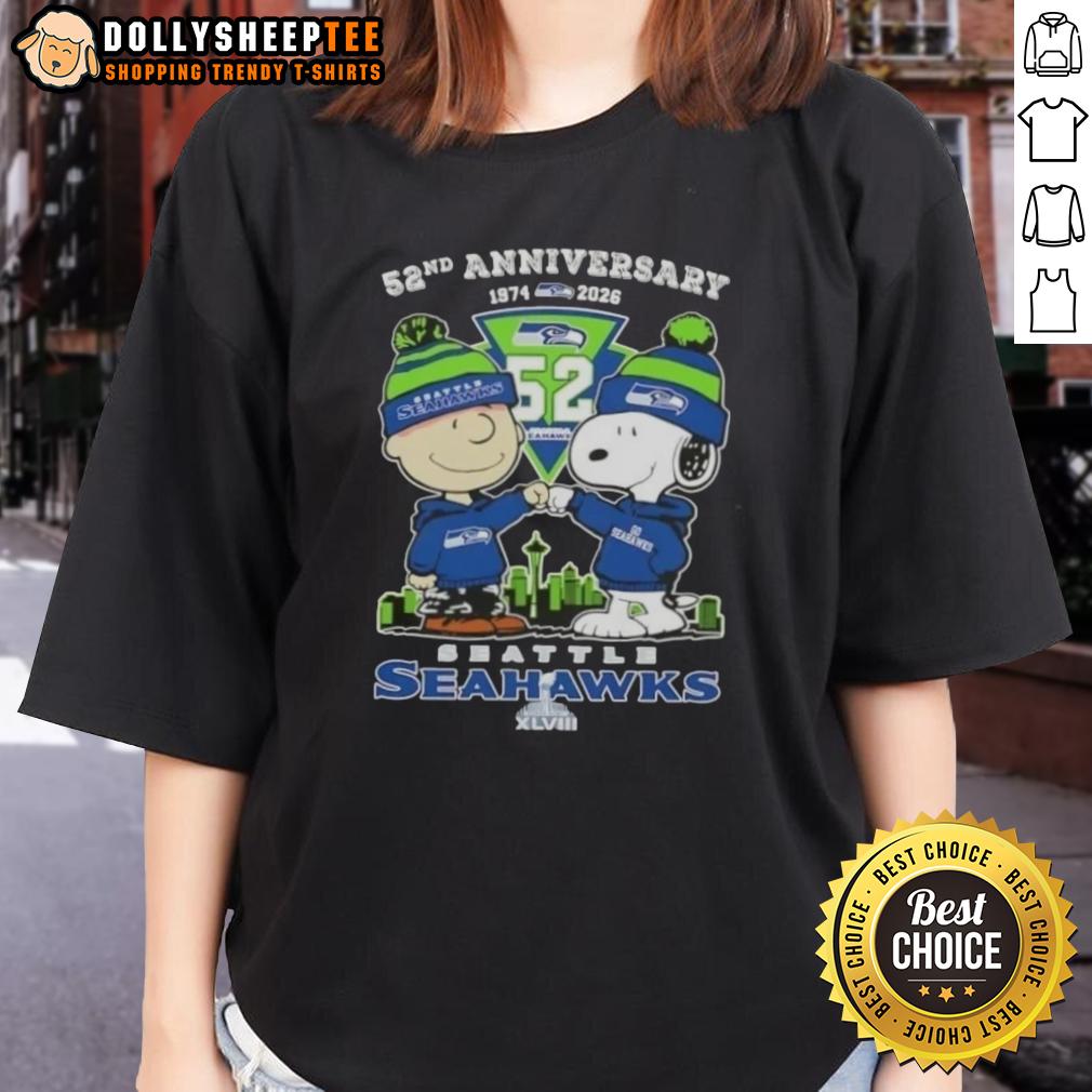 Hot Charlie Brown And Snoopy Super Bowl 52nd Anniversary 1974 2026 Seattle Seahawks Football Skyline T-Shirt - Image 3