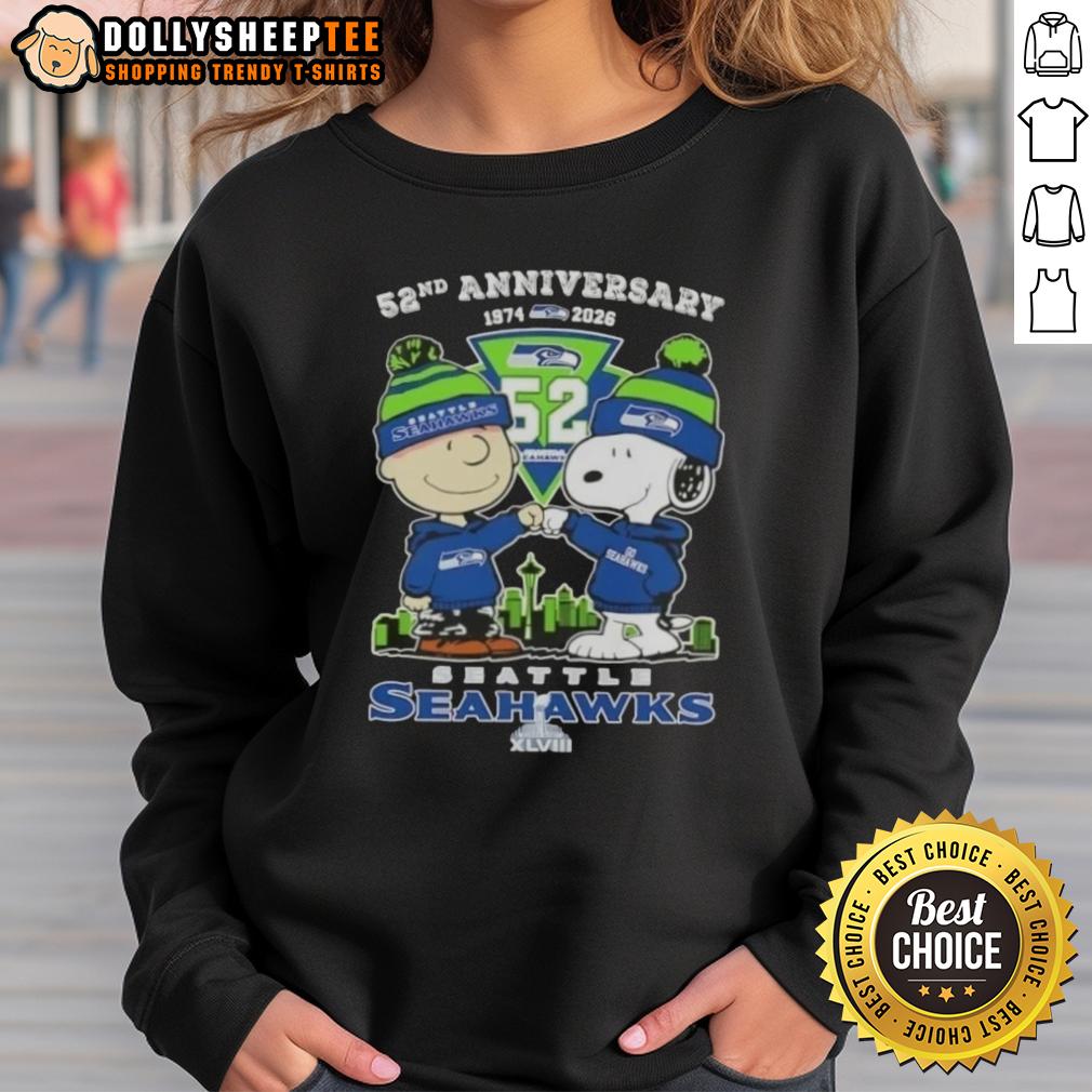 Hot Charlie Brown And Snoopy Super Bowl 52nd Anniversary 1974 2026 Seattle Seahawks Football Skyline T-Shirt - Image 5