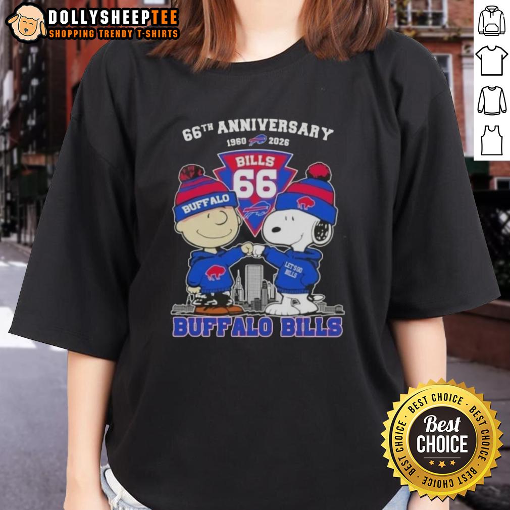 Hot Charlie Brown And Snoopy Super Bowl 66th Anniversary 1960 2026 Buffalo Bills Football Skyline T-Shirt - Image 3
