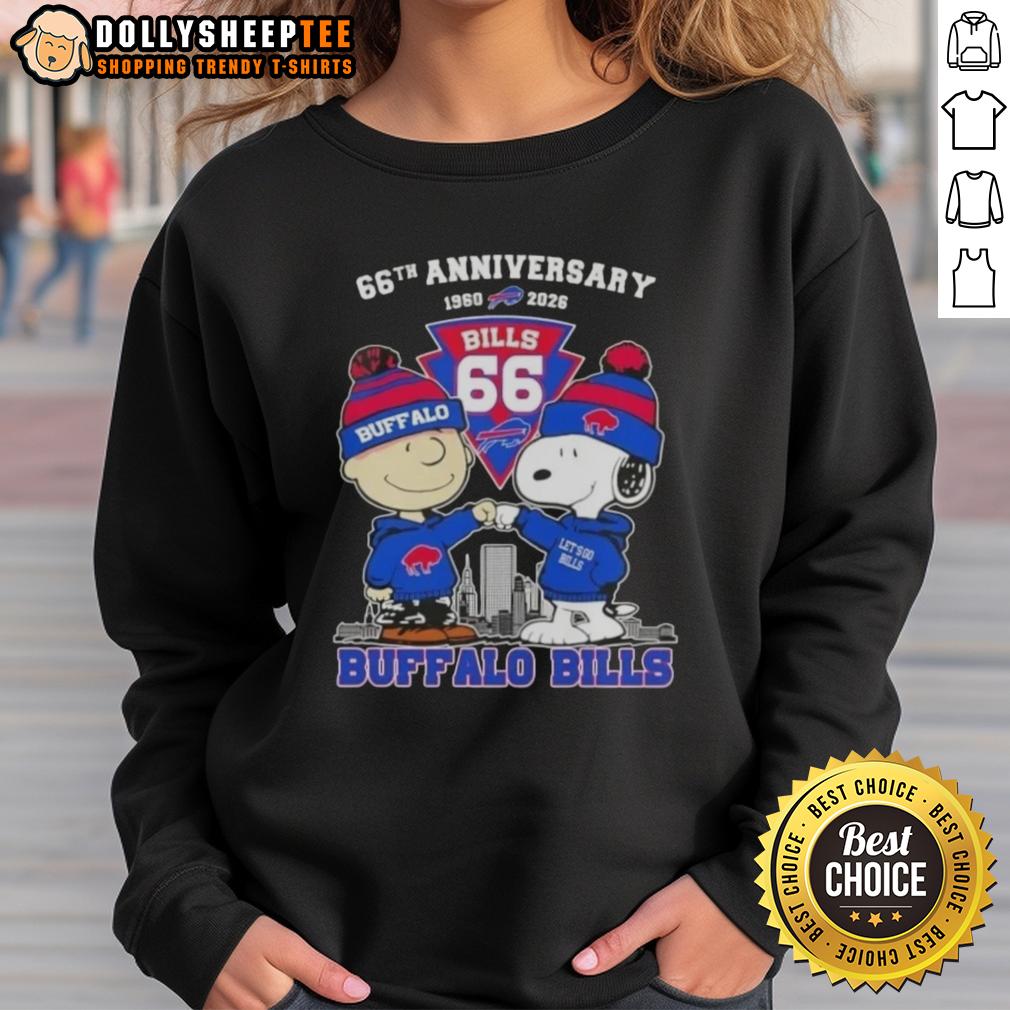 Hot Charlie Brown And Snoopy Super Bowl 66th Anniversary 1960 2026 Buffalo Bills Football Skyline T-Shirt - Image 5