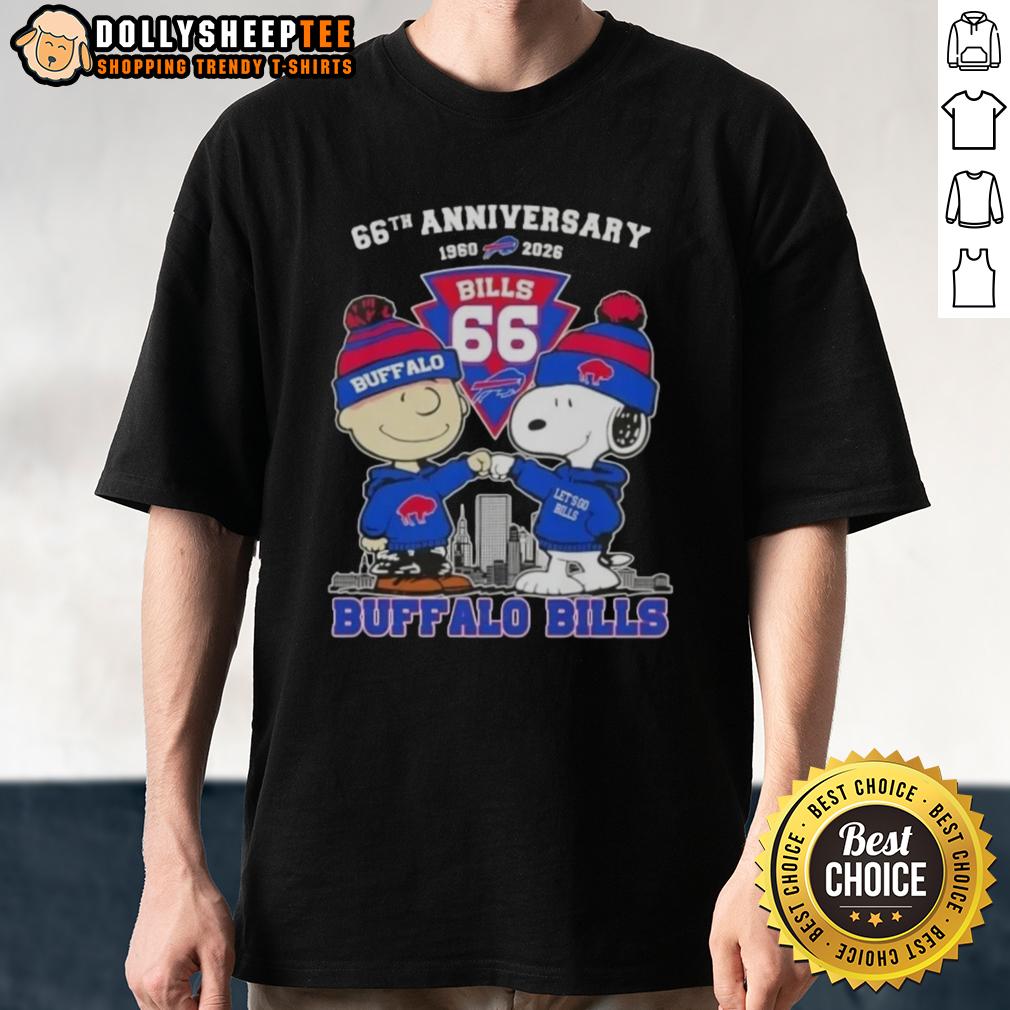 Hot Charlie Brown And Snoopy Super Bowl 66th Anniversary 1960 2026 Buffalo Bills Football Skyline T-Shirt