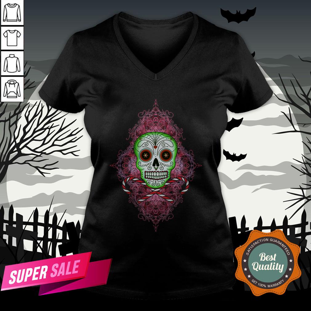 Skull And Candy Cane Dia De Los Muertos Day Of The Dead Shirt - Image 2