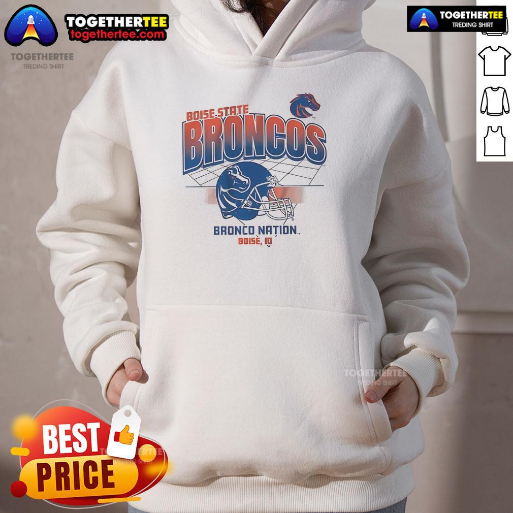 Official Boise State Broncos Bronco Nation Boise Id Football Helmet Grid T-Shirt - Image 5