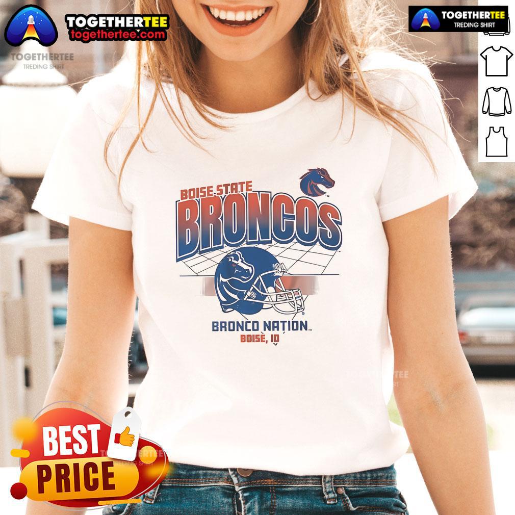 Official Boise State Broncos Bronco Nation Boise Id Football Helmet Grid T-Shirt - Image 4