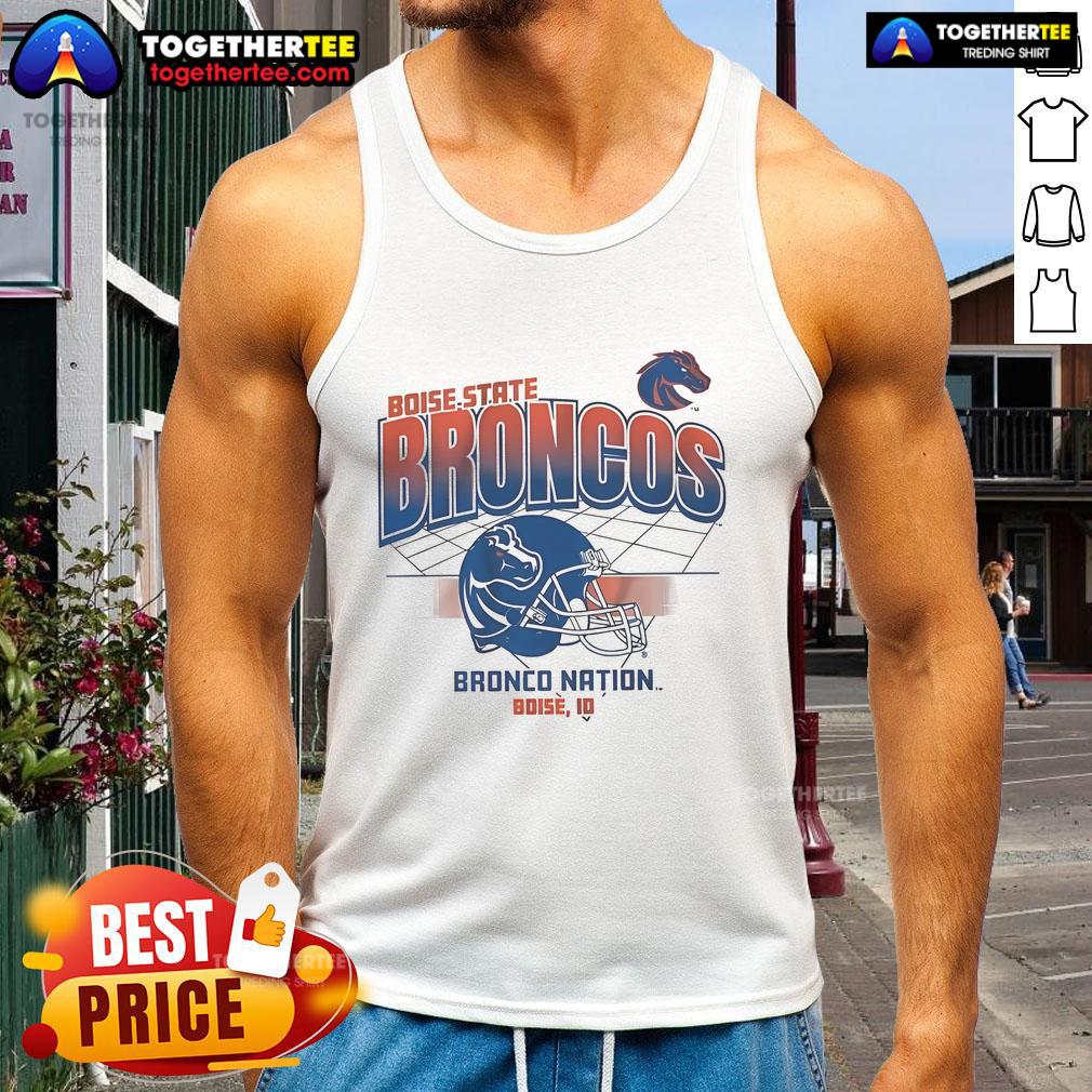 Official Boise State Broncos Bronco Nation Boise Id Football Helmet Grid T-Shirt - Image 2
