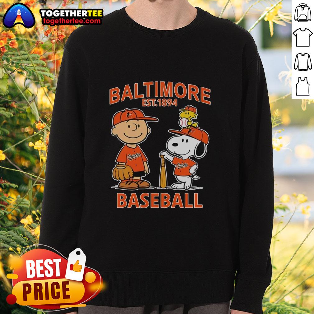 Top Charlie Brown Snoopy And Woodstock With Baltimore Orioles Baseball Jersey Est 1894 T-Shirt - Image 4