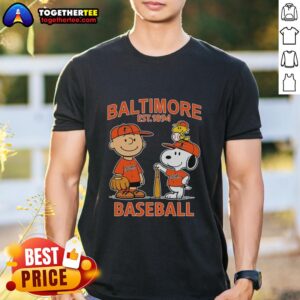 Top Charlie Brown Snoopy And Woodstock With Baltimore Orioles Baseball Jersey Est 1894 T-Shirt