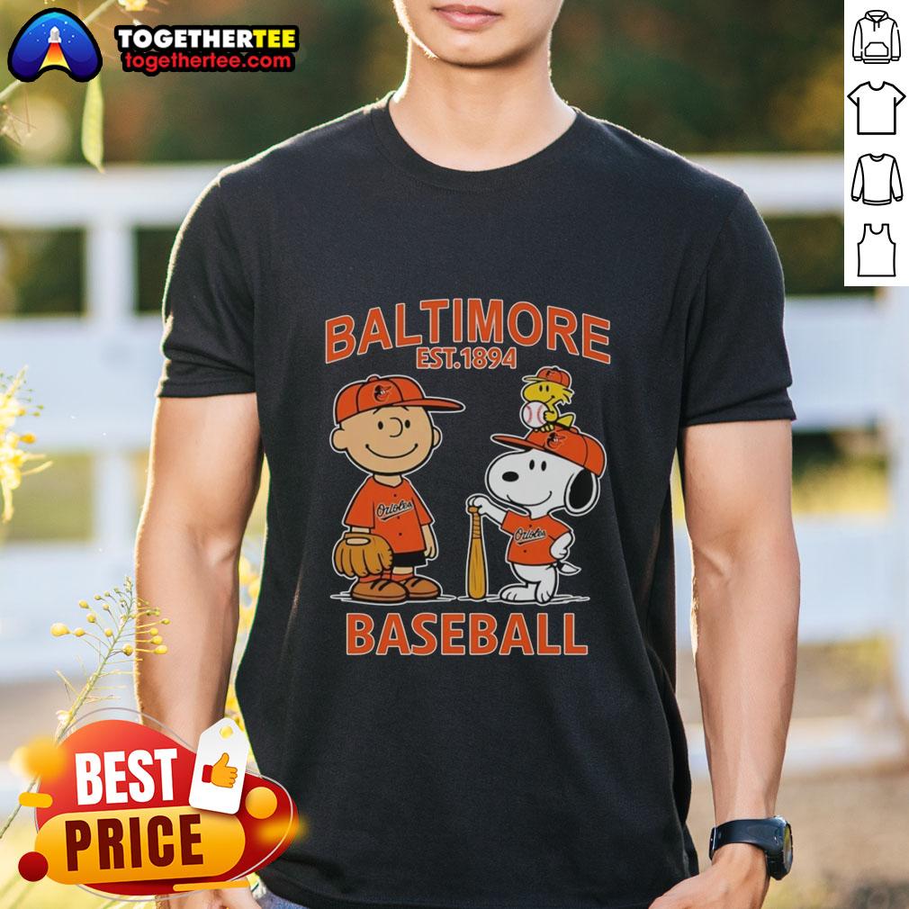 Top Charlie Brown Snoopy And Woodstock With Baltimore Orioles Baseball Jersey Est 1894 T-Shirt