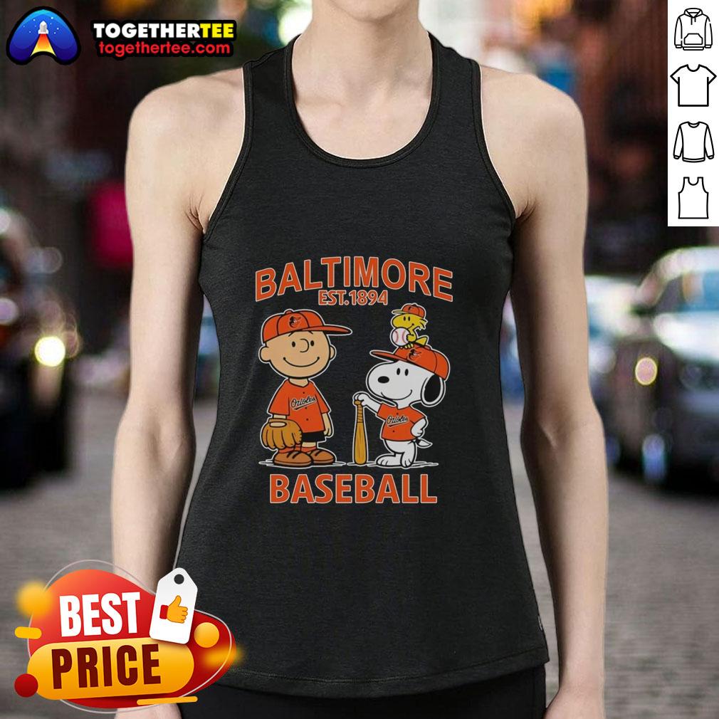 Top Charlie Brown Snoopy And Woodstock With Baltimore Orioles Baseball Jersey Est 1894 T-Shirt - Image 3