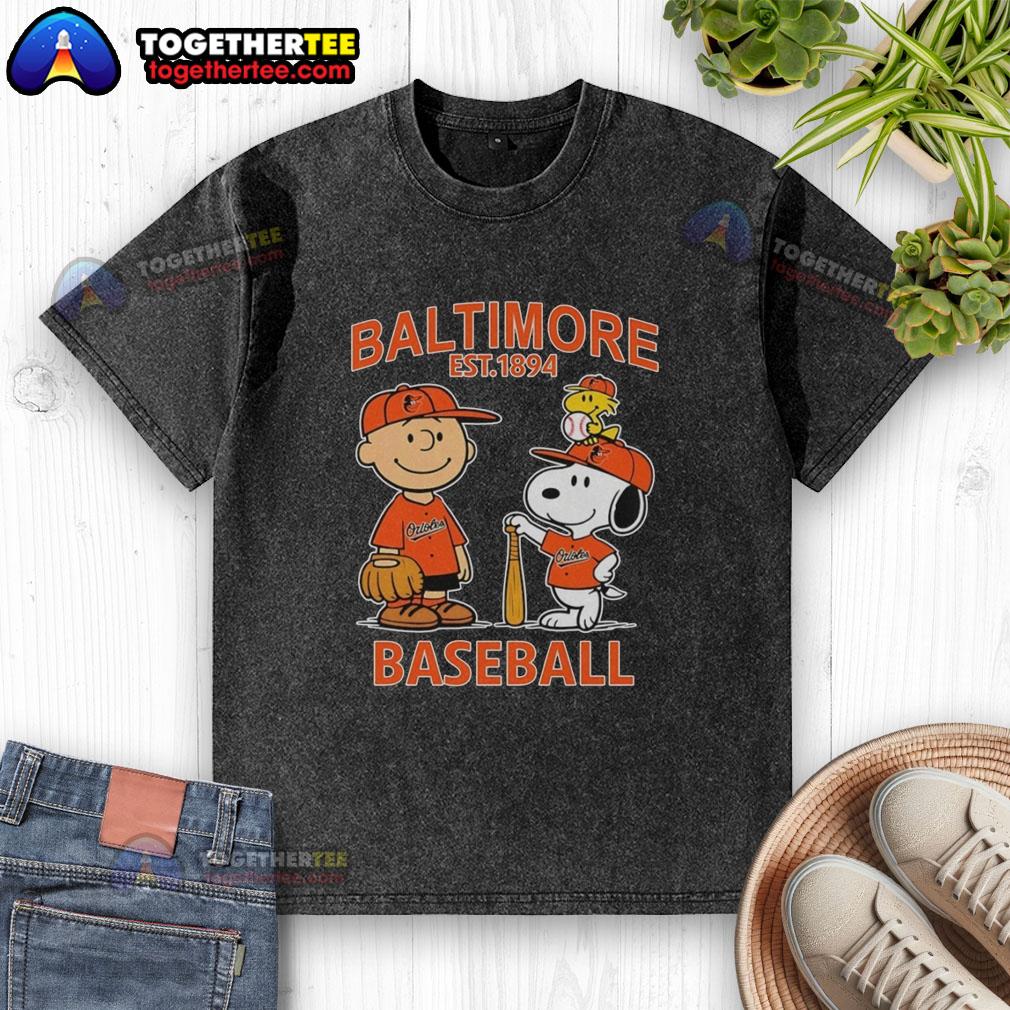 Top Charlie Brown Snoopy And Woodstock With Baltimore Orioles Baseball Jersey Est 1894 T-Shirt - Image 5