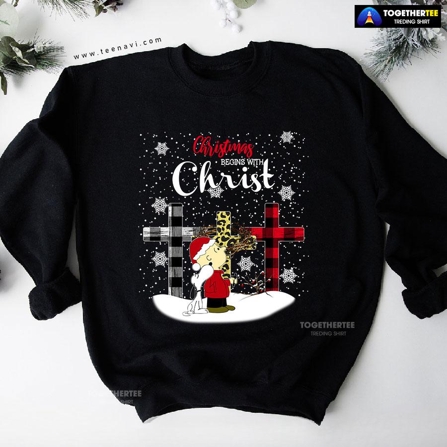 Christmas Begins With Christ Peanuts Snoopy Charlie Brown Sweatshirt - Image 4