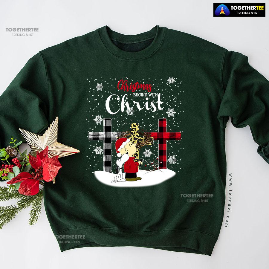 Christmas Begins With Christ Peanuts Snoopy Charlie Brown Sweatshirt - Image 5