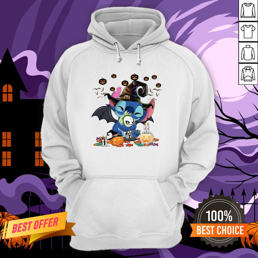 Stitch Witch Hug Jack Skellington Halloween Pumpkin Shirt - Image 5